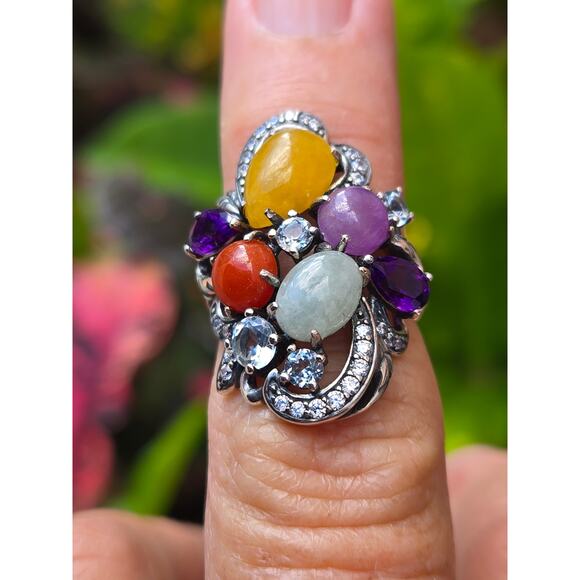 JOY PAJ Jade of Yesteryear 925 Sterling Silver Multi Stone Jade Ring Size 5 - Picture 8 of 11